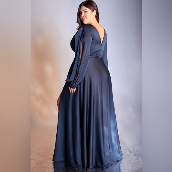 Ladivine By Cinderella Divine Formal Dress Long Sleeve Satin Smoky Blue Size 24 - Picture 5 of 8